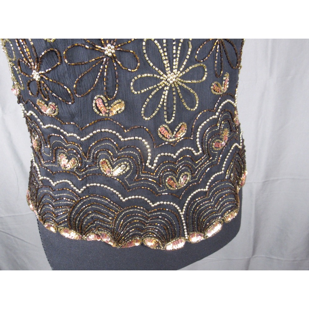 Papell Boutique Evening Black Silk Beaded Halter Top Mock Neck Scalloped Medium - Picture 6 of 8